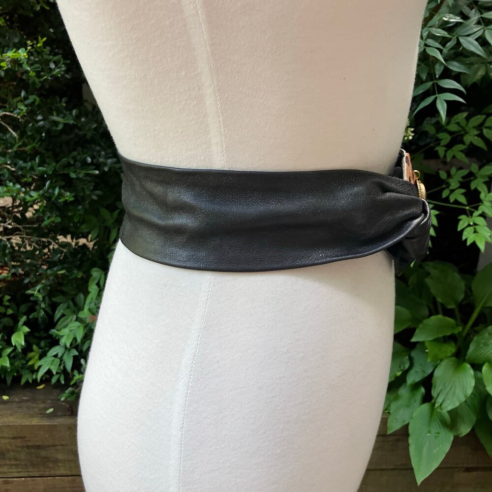 Handmade Leather Belt OOAK Tie Wrap 41” Black Cheetah Faux Fur Mobwife Bohemian - Picture 5 of 8